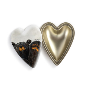 Heart shaped keeper box with a painted scene of a black bear waving on the lid, shown with the lid offset to the base.