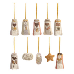 Set of 10 fabric ornaments representing the nativity.