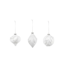 A set of three white Christmas ornaments in different shapes and decorated with white leaves and white beads.