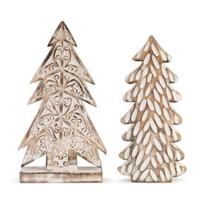 Two different wood tree figures with geometric designs that are white washed.