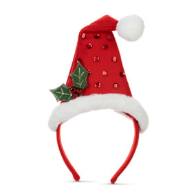 Red headband with a Santa hat on top embellished with red sequins and holly leaves.