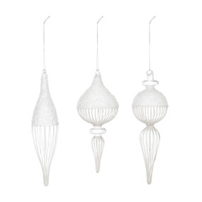 Three different crystal finial shaped hanging ornaments with beads embellishing the design.