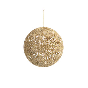 Large gold round hanging ornament with an open pattern resembling snowflakes.