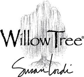 A square image of the trademarked Willow Tree logo of a tree, "Willow Tree" and artist Susan Lordi's signature in black.