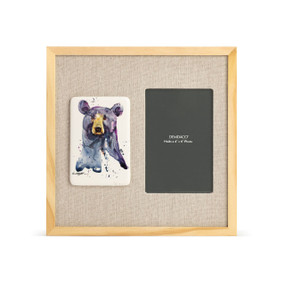 A light wood frame with a tile on the left that has a watercolor image of a black bear, next to a 4x6 photo opening with a linen mat.