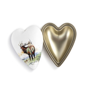 Heart shaped keeper box with a watercolor image of an elk on the lid, which is offset to the base.