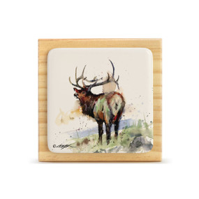 A square wood plaque with a tile attached that has a watercolor image of an elk.