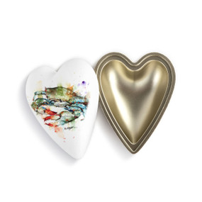 A heart shaped keeper box with a white lid that has a watercolor image of a blue crab, displayed off and to the side of the base.