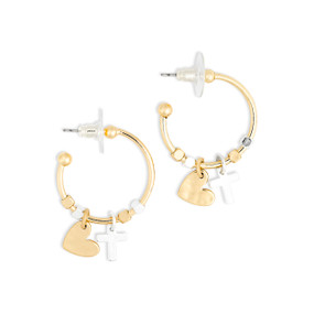 A pair of gold hoop earrings with gold and silver beads and two charms, a gold heart and silver cross.