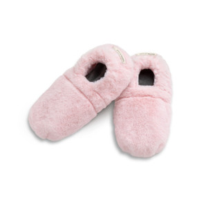 A pair of S/M fuzzy pink warming slippers, displayed with one slightly offset to the other.