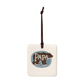 A square hanging tile ornament with a graphic image of a walking bear that says "PAPA" on a blue background.