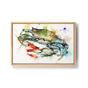 A light wood framed canvas image of a watercolor blue crab.