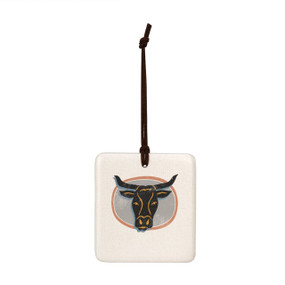 A square hanging tile ornament with a graphic image of a black longhorn on a gray background.