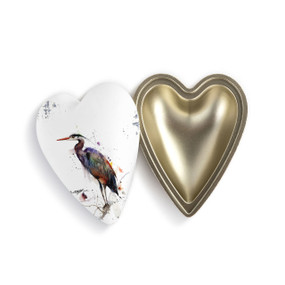 Heart shaped keeper box with a watercolor image of a heron on the lid, which is offset to the base.