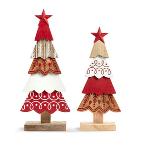 Two wood decorative trees with layered wood pieces with different designs and red and white colors. Each tree has a red star at the top.