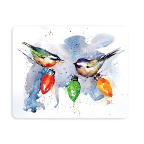 A 120 piece puzzle with a watercolor image of two songbirds perched on a holiday string of lights.