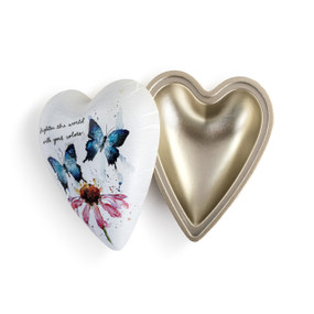 A white heart shaped keeper box with a watercolor flower and blue butterflies that says "brighten the world with your colors", displayed with the lid off showing the inside of the box.