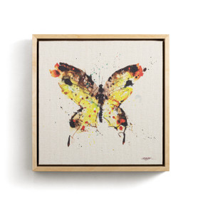 A watercolor wall art of a large yellow butterfly in a light wood frame.