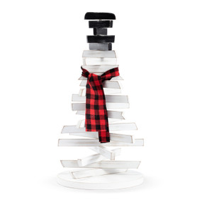 A snowman shaped wood tree made out of white slats of wood that can be adjusted. The top 5 slats are black to represent the hat and he has a black and red plaid fabric scarf.