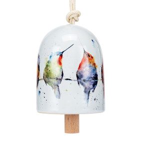 A white mini ceramic bell with a wood clapper. The bell has a watercolor image of hummingbirds on a wire on it.