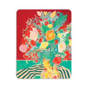 A 120 piece puzzle of a colorful contemporary vase of flowers on a red background, inspired by artwork created by ArtLifting artist Alicia Sterling Beach.