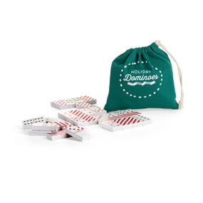 A set of white holiday dominoes with red and green dots and red and white stripes on the reverse. They are displayed next to a green fabric storage bag.