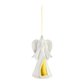 A white stoneware hanging angel ornament. The angel has a stripe of gold on her dress.