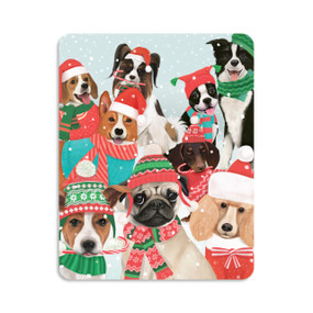 A 500 piece puzzle with an image of different dogs wearing holiday hats and winter gear.