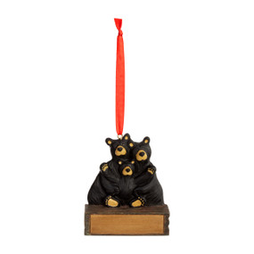 A hanging ornament with a family of black bears on a rectangular base that can be personalized.