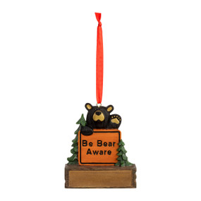A hanging ornament with a black bear behind a sign that says "Be Bear Aware" on a rectangular base that can be personalized.