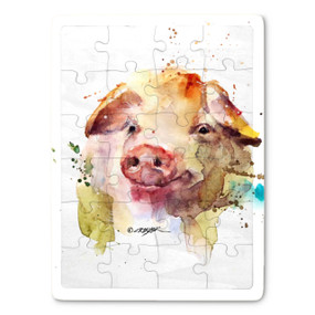 A 24 piece puzzle postcard with the watercolor image of a pig's face.