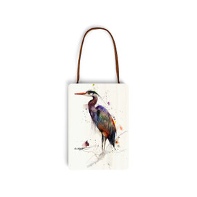 A white wood hanging gift card ornament with a watercolor image of a heron on the front. The back has a holder for a gift card.