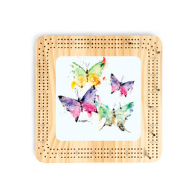 A light wood cribbage board game with a watercolor image of colorful butterflies in the middle.