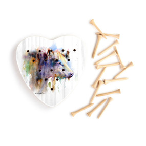 A white wood heart shaped peg game with a watercolor image of a cow, displayed with the wood pegs out and to the side.