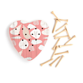 A pink wood heart shaped peg game with an illustration of different seashells, displayed with the wood pegs out and to the side.