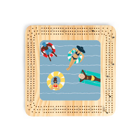A light wood cribbage board with an illustration of people on floats in the water.