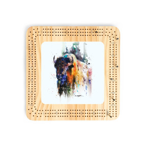 A light wood cribbage board with a watercolor image of a buffalo in the center.