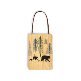 A wood hanging gift card ornament with an illustration of bears walking in the woods. The back has a holder for a gift card.