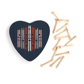 A dark blue wood heart shaped peg game with an illustration of different colored pairs of skis, displayed with the wood pegs out and to the side.
