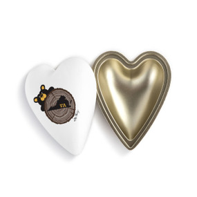 Heart shaped keeper with the image of a black bear peeking over a tree stump with Virginia on it, with the lid offset to the base.