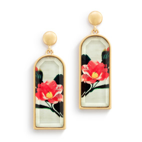 A pair of gold earrings with a vertical rectangle of Camellia floral artwork inspired by ArtLifting artist Midori.