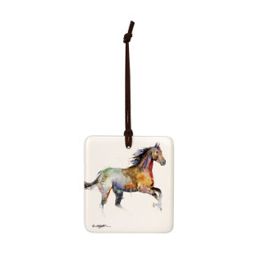 A square cream hanging tile magnet ornament with a watercolor image of a running horse.