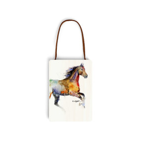A white wood hanging gift card ornament with a watercolor image of a running horse on the front. The back has a holder for a gift card.