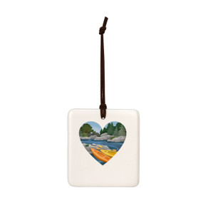 A square cream hanging tile magnet ornament with heart shaped graphic artwork of kayaks at a rivers edge.