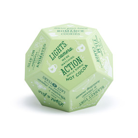 A light green 12 sided foam dice with different holiday movie suggestions on each side.