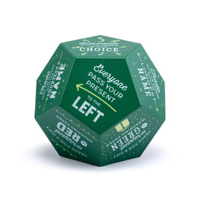 A green 12 sided foam dice with different holiday gift exchange ideas and activities on each side.