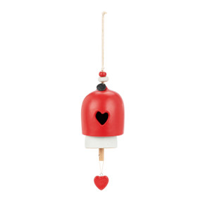 A red and white decorative bell with a heart hanging from the clapper and beads at the top. The bell has a cutout of a heart on the front.
