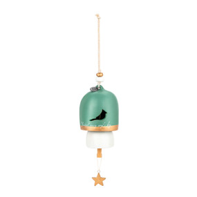 A green, white and gold decorative bell with a star hanging from the clapper and beads at the top. The bell has a cutout of a bird on the front.