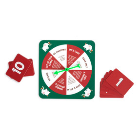 A holiday white elephant gift exchange game with a red and green spinner board with different instructions and a deck of red cards.