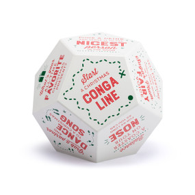 A red and white 12 sided foam dice with all different holiday themed questions and activities.